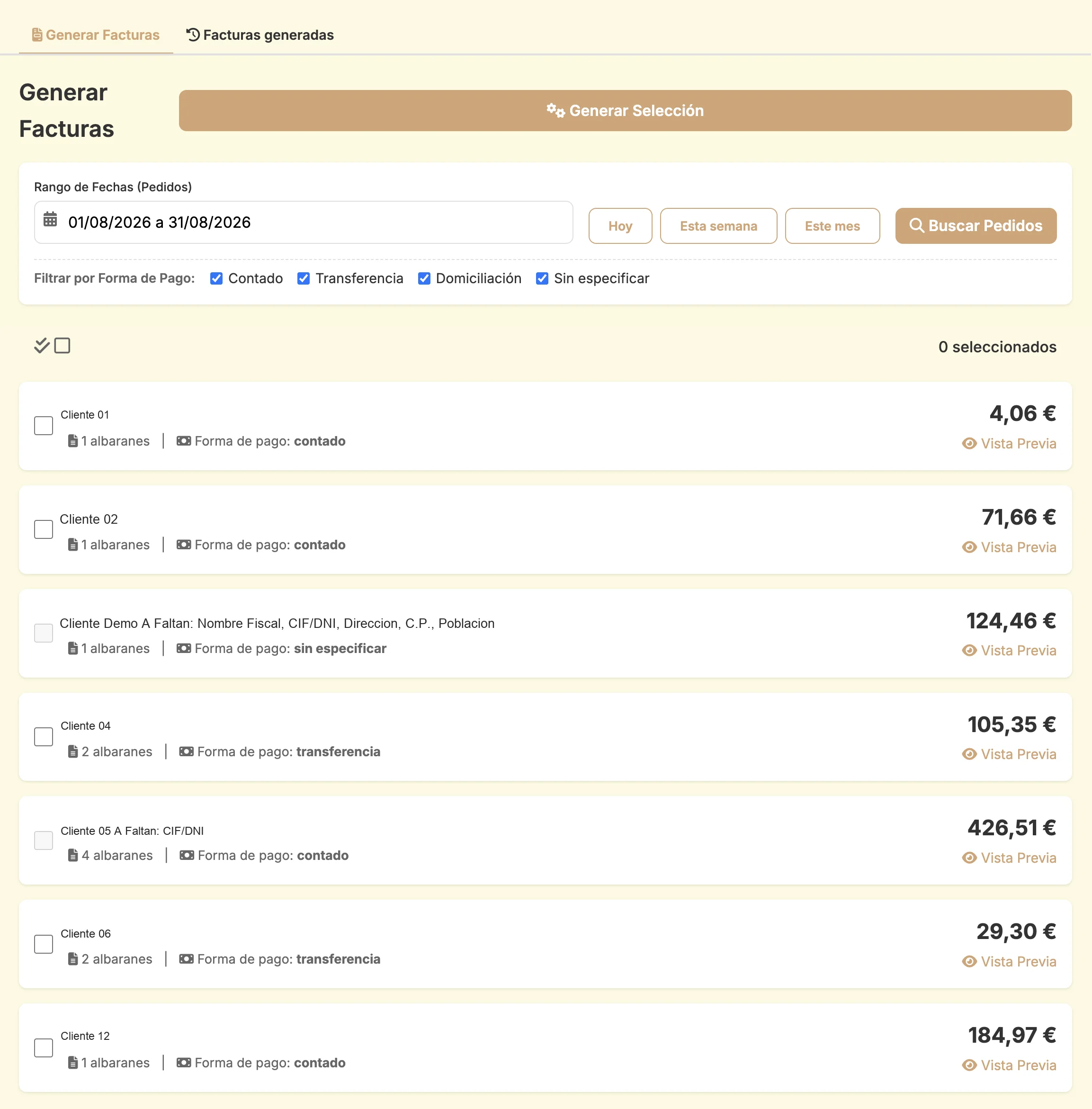 Generación de facturas en Escandalla