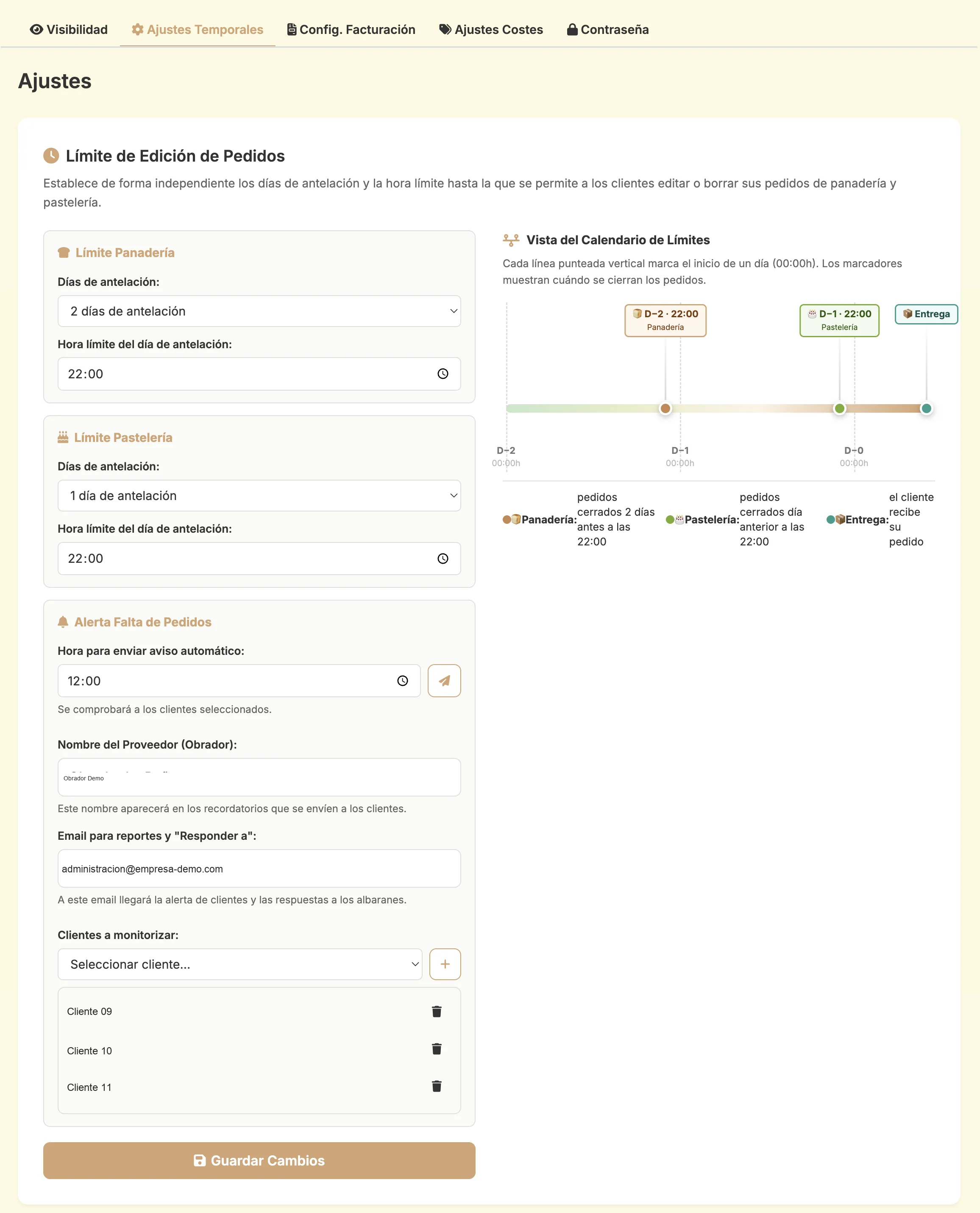 Captura de pantalla · Configuración de horarios de corte en Escandalla