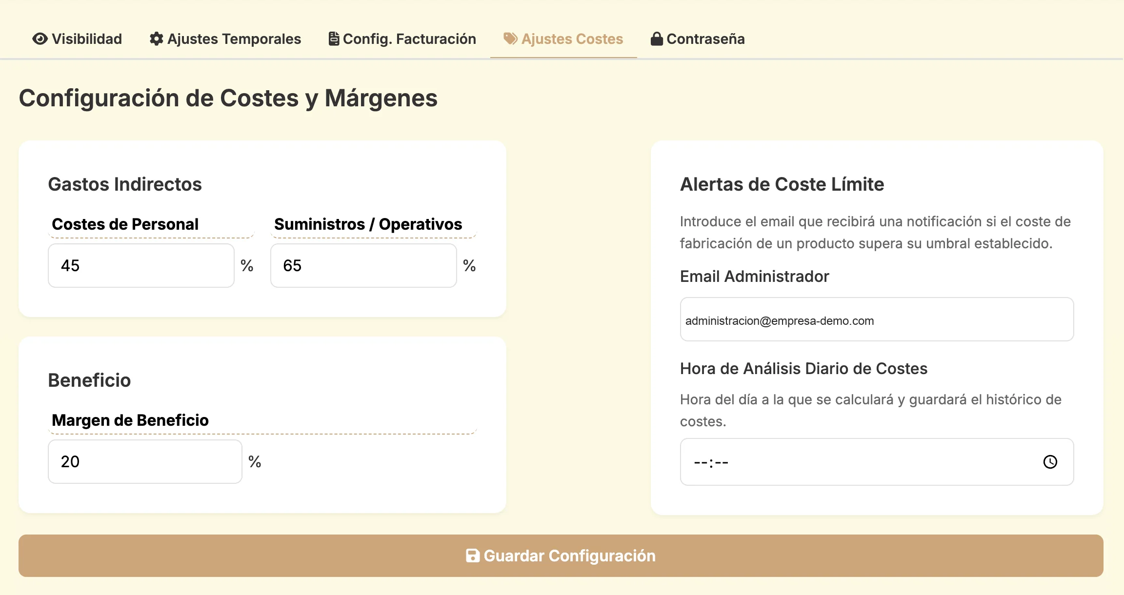 Captura de pantalla · Configuración de costes en Escandalla