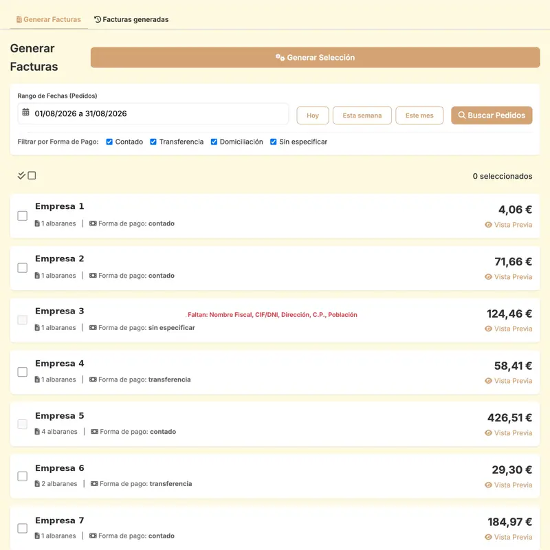Captura del menú Facturación de Escandalla